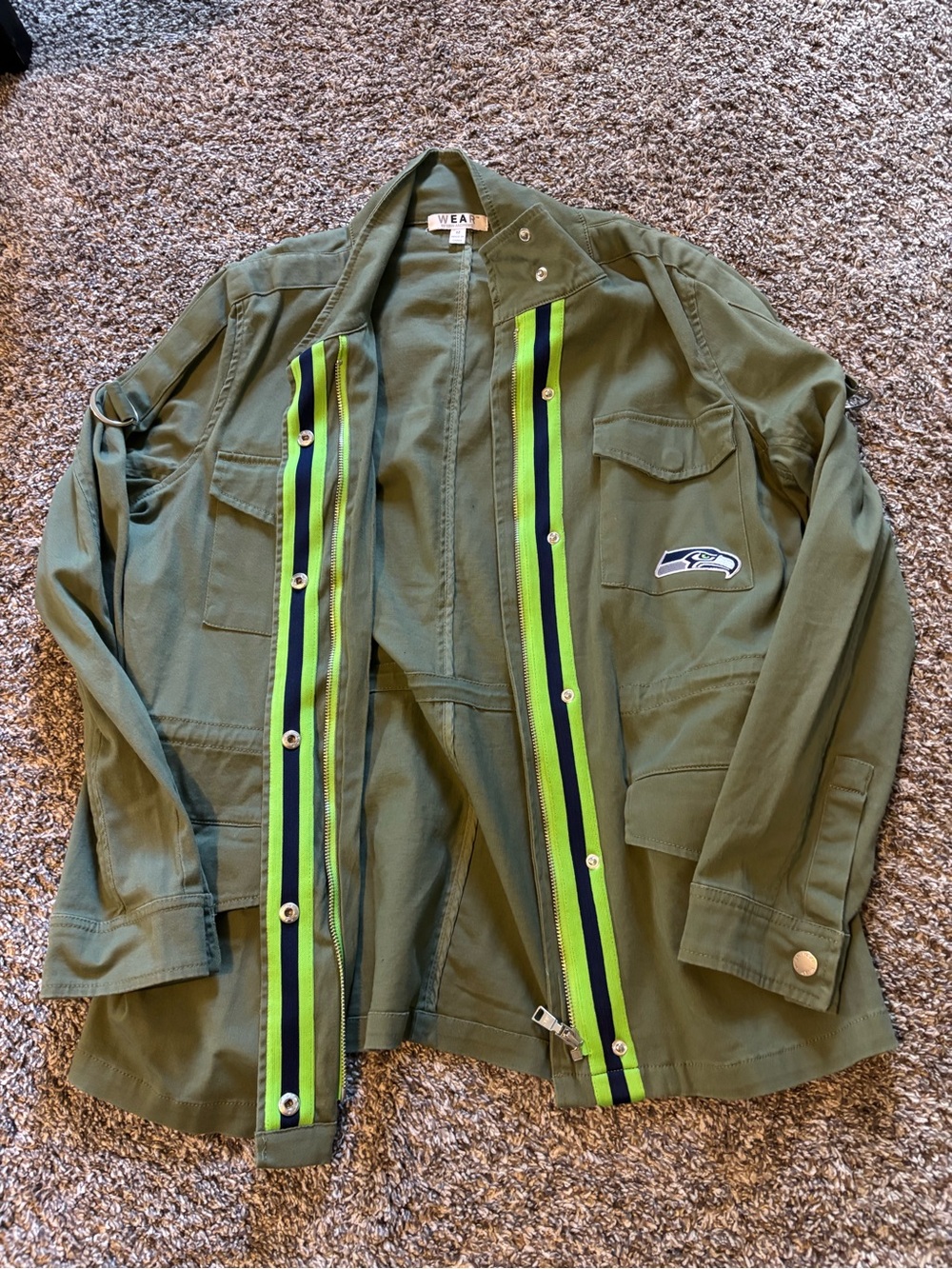 Olive Utility Jacket with Neon Stripe Trim -